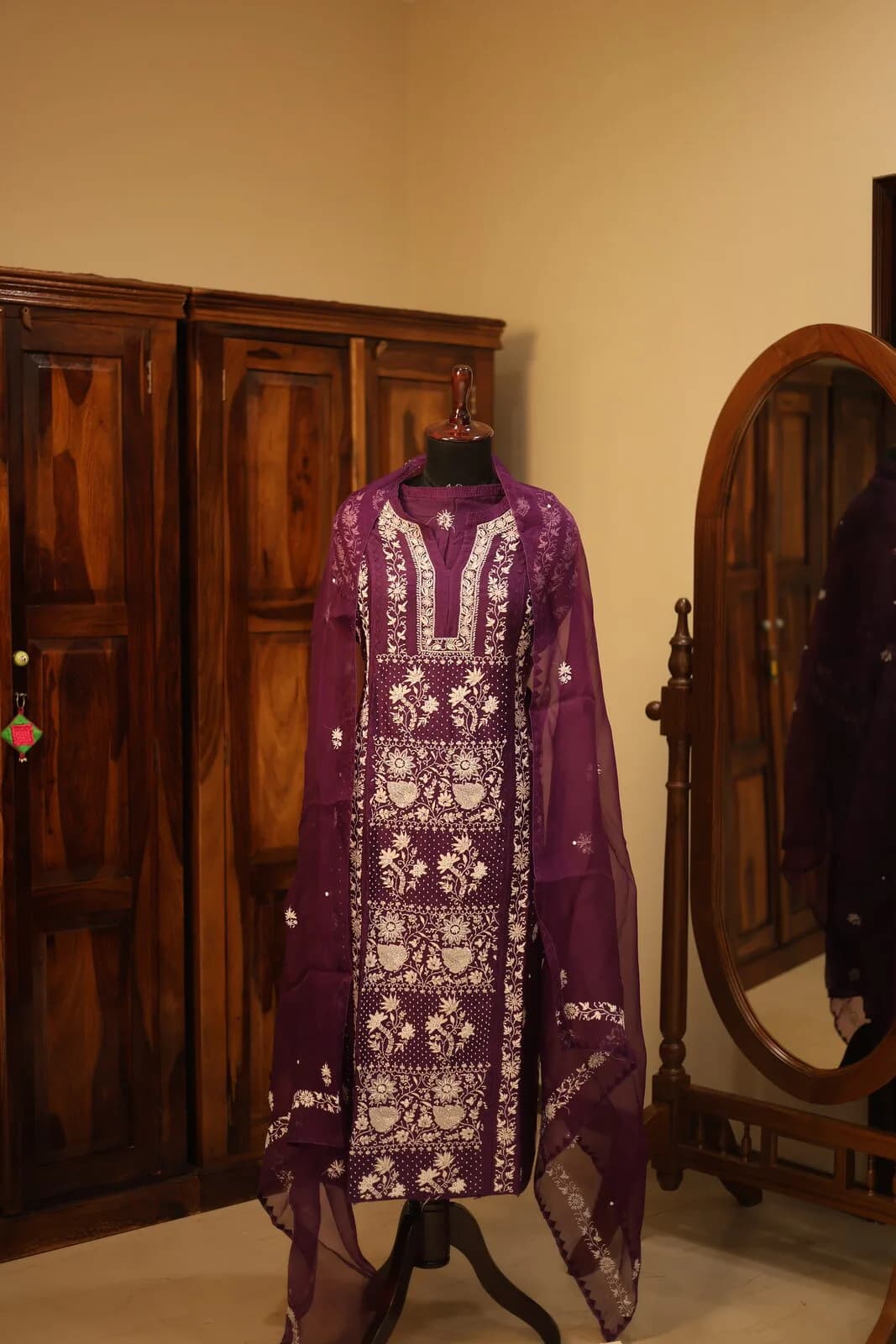 Deep Purple Salwar Kameez with White Embroidered Floral Design