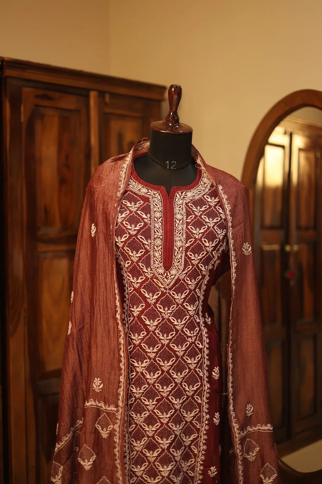 Burgundy Brocade Kurta with Gold Chevron Embroidery