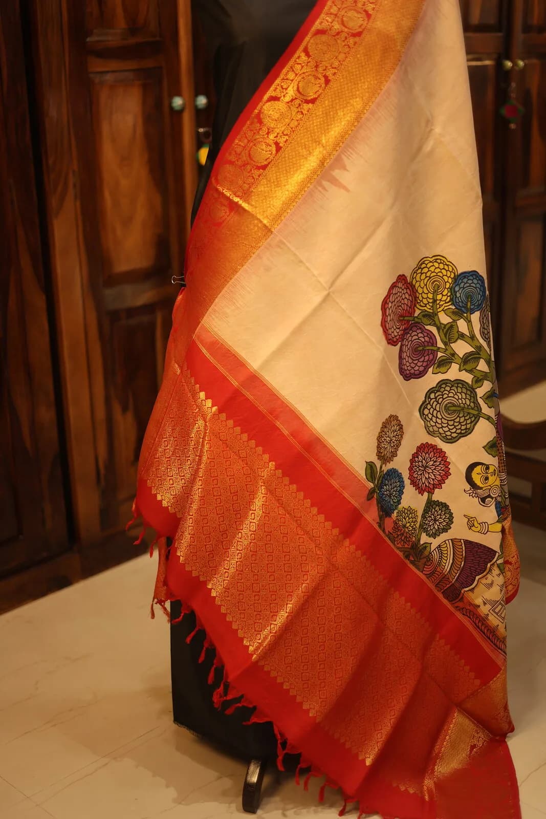 Cream Saree with Botanical Floral Design and Woven Red Orange Gold Border